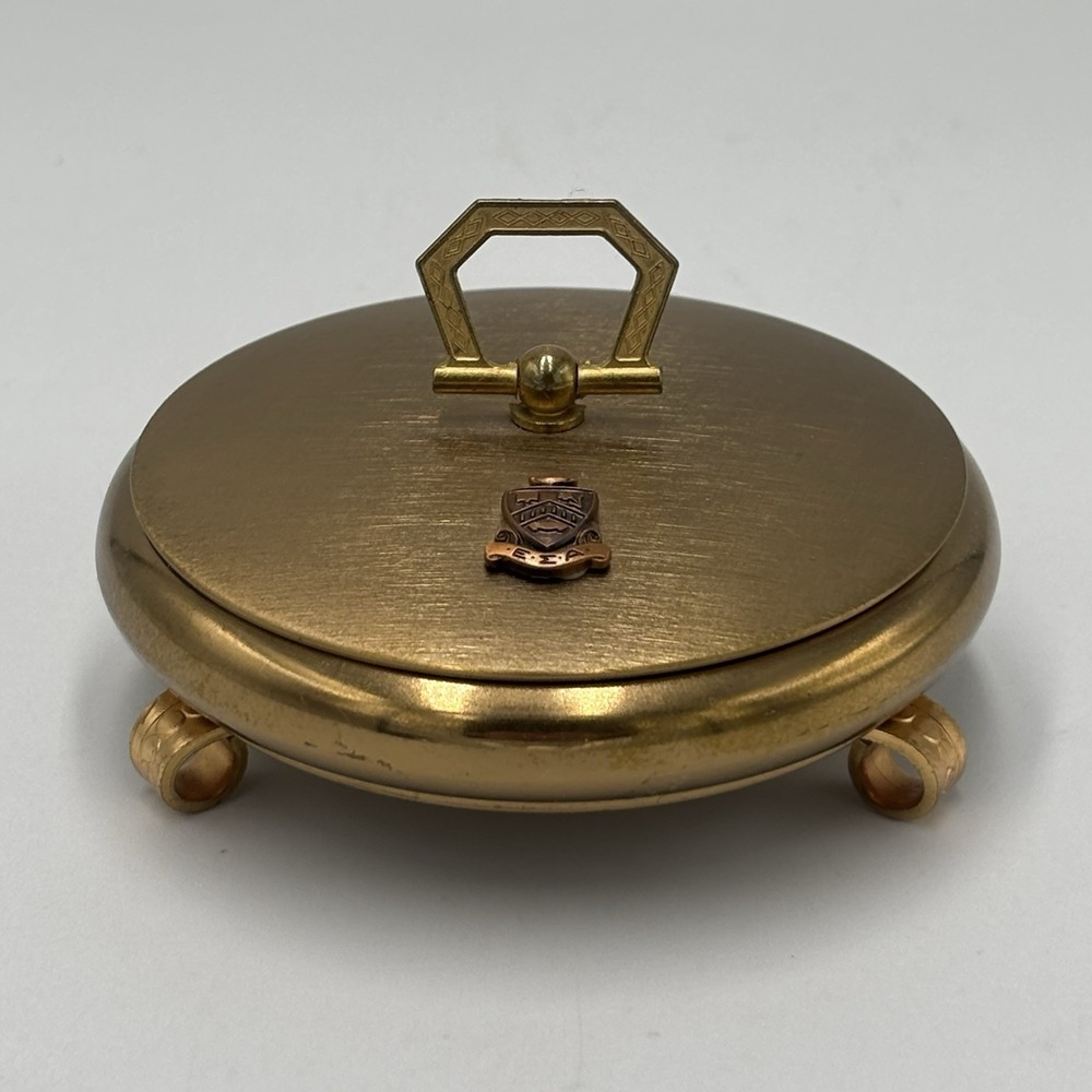 Vintage Premium Brass Tabletop Trinket Box Footed Lined Red Velvet EΣA Crest